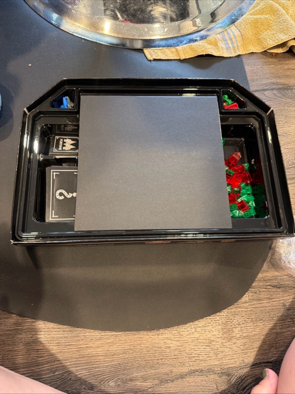 Black Game Organizer Tray with Red and Green Tokens